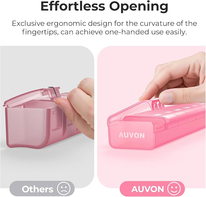 AUVON Weekly Pill Organizer with Effortless Opening Design, BPA-Free | Arthritis Friendly Pill Box, Cute Pill Organizer 7 Day, Portable Pill Case for Vitamins, Supplements and Medications, Pink