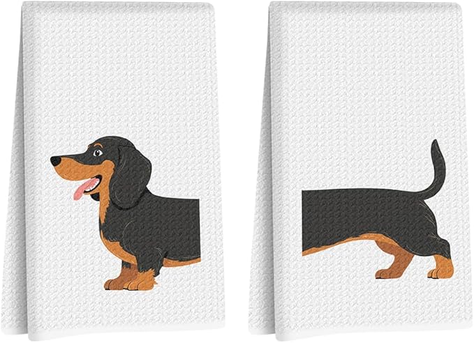 2 Pcs Dachshund Kitchen Towels 24x14 Inch, Dachshund Gifts Reusable Dish Towels for Kitchen Bathroom Decor, Waffle Weave Absorbent Hand Cloth Tea Towel, Funny Weiner Dog Gifts for Women Mom Friend