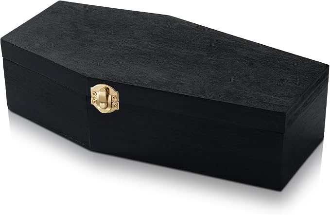 SiliFine 1 Pcs 12 Inch Halloween Coffin Box Black Painted Wood Casket Decor | Suitable Size for Halloween Decor, Fillable Hinged Jewelry Box, Party Favor, Goth Decoration, Pet Casket, Mini Black Coffin