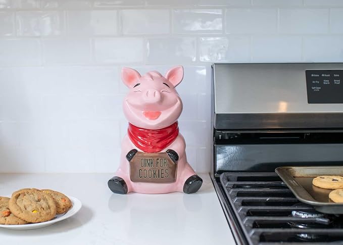 Dolomite Ceramic 10.4 x 7.6 Everyday Cookie & Candy Jar with Airtight Lid: Perfect for Kitchen Canisters, Pet Treat Containers & Decorative Farmhouse Storage, Pig Sign Oink