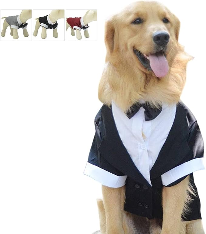 Lovelonglong Pet Costume Dog Suit Formal Tuxedo with Black Bow Tie for Large Dogs Alaska Golden Retriever Black L-XL+