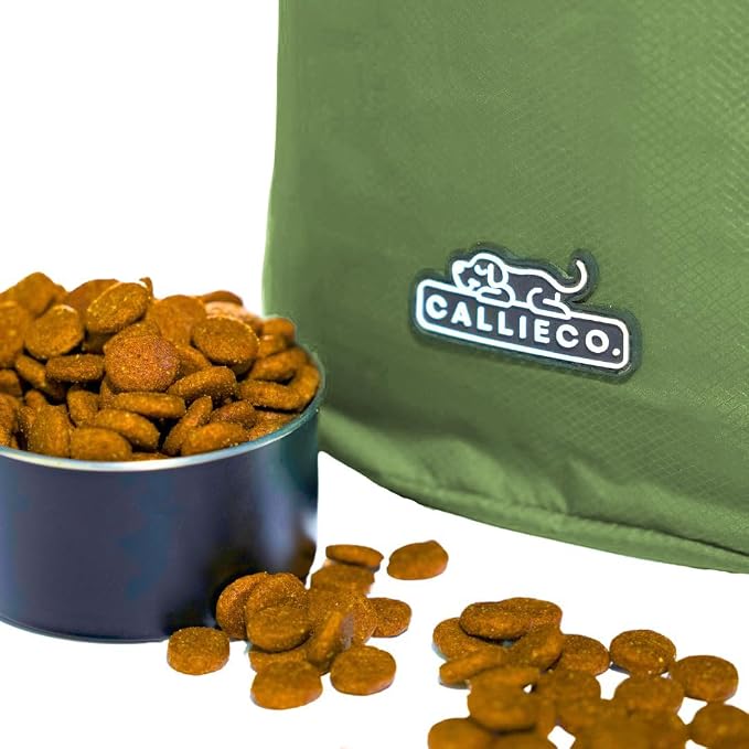 Callieco Dog Food Travel Bag w/ 1 Cup Scoop and Zipper Side Pocket | Waterproof Kibble Storage Container for Home, Road Trips, Camping, Boarding and More (Green, 32 Cups)