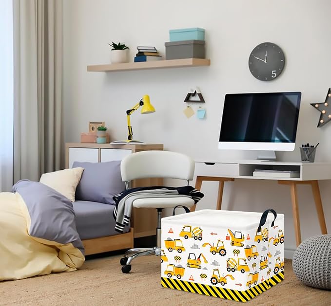 CLOCOR Rectangular Storage Basket,Collapsible Cute Pattern Storage Bin,Waterproof Box with Handles,Gift Basket(Engineering Vehicle)