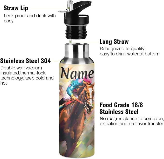Custom Name Horse Racing Water Bottle with Straw Lid Kids Insulated Stainless Steel Water Flask Sports, 20 Oz Hot Cold