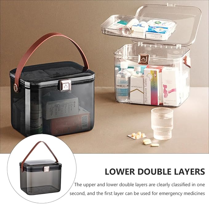 Sewroro First Aid Medicine Box Large Capacity Dual Layer Pp Pet Organizer | Safety Lock, Desktop Home Use, Storing Medicines, Tidy Household Categories, Pu Accent Details