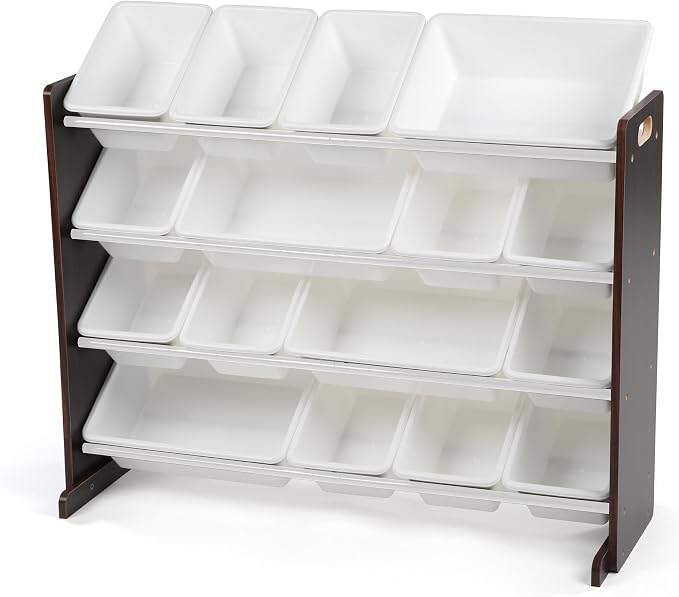 Humble Crew Kids Toy Organizer with 16 Bins, 4 Tier Storage for Playroom | Sturdy wood and steel toddler shelf, removable BPA-free containers, wall anchor anti-tip safety kit for bedroom or classroom