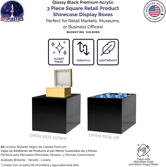 2 Pack Acrylic Display Riser Boxes 3 Piece No Lid Black Retail Product Riser 4", 5", 6" High Multi Level One Open Side Merchandise Storage Box POP Showcase by Marketing Holders