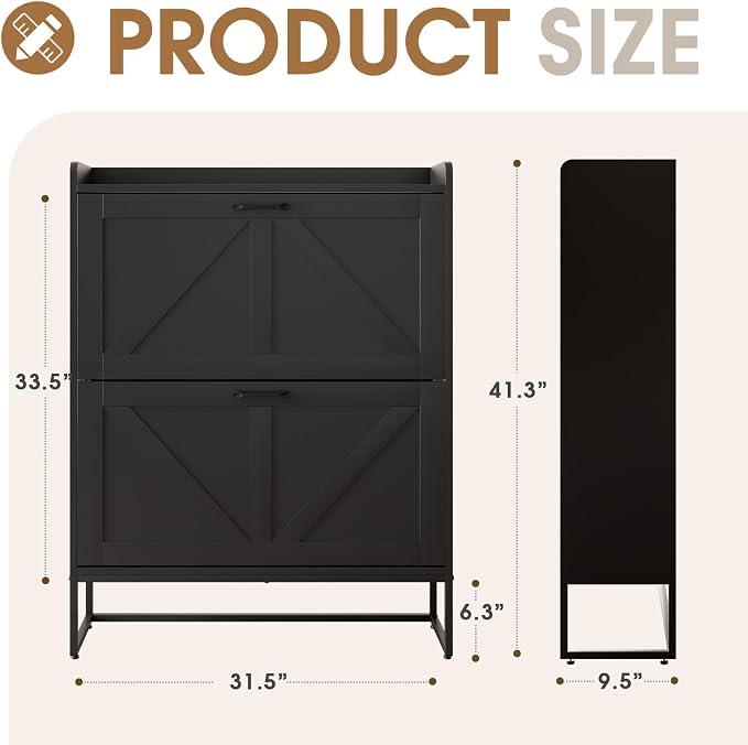 GRUSIGN Shoe Cabinet, Shoe Storage Cabinet with 2 Flip Drawers & Adjustable Shelf, Space-Saving Shoe Organizer – Holds 16+ Pairs, Narrow Shoe Cabinet Storage for Entryway/Hallway（Black）
