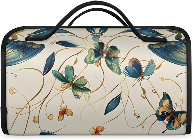 Butterfly Makeup Bag for Women Hanging Roll-Up Travel Organizer Toiletry Kit with 4 Removable Compartments, Vintage Floral