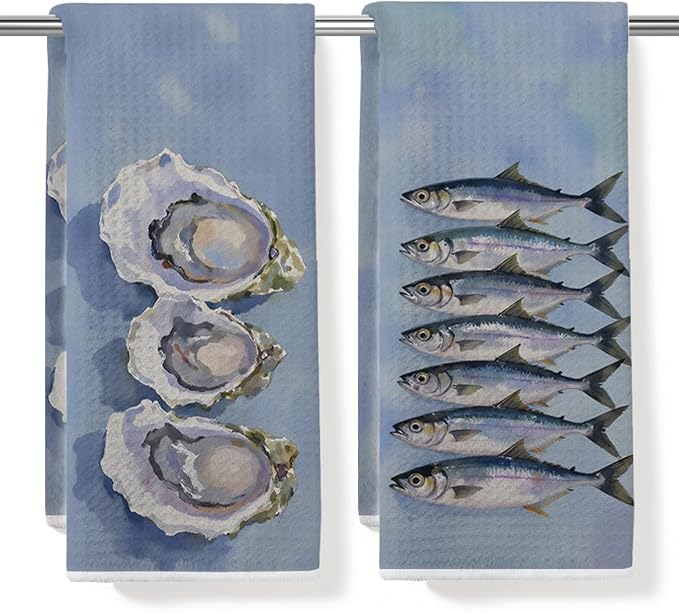 2PCS Vintage Sardines Oyster Kitchen Towels 14x24 Inch, Microfiber Decorative Dish Cloth Tea Towel, Sardines Waffle Hand Towels for Home Farmhouse Kitchen Bathroom, Housewarming Gifts for Women Men