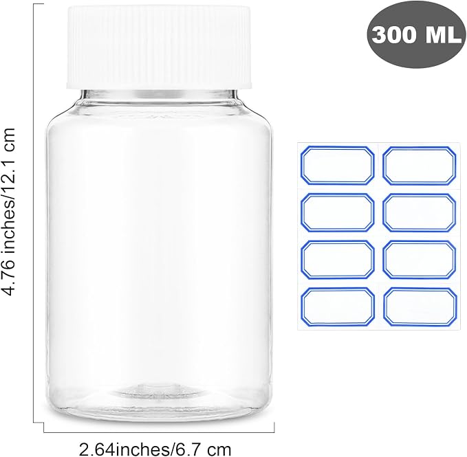 WLLHYF 4Pcs Clear Pill Bottle, 300ml Empty Clear Plastic Pill Bottles Medicine Bottle Empty Reagent Bottles Chemical Containers with Caps for Liquid Solid Powder (300ml)