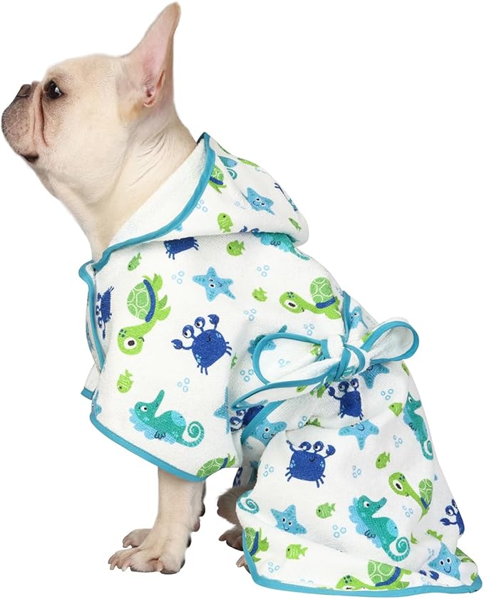 HDE Dog Bathrobe Super Absorbent Quick Drying Puppy Towel Wrap Coat Adjustable After Bath Robes with Hood for Dog Sizes S-XXL Sea Animals M