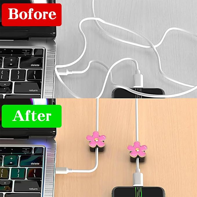 Magnetic Cord Organizer, Easy Secure Adhesive Cable Management, Wire Holder Organizer, Hide Or Organize Phone USB Charger Cable Clips for Home,Office,Car,Desk,Nightstand (Pink Flower-4 Pack)