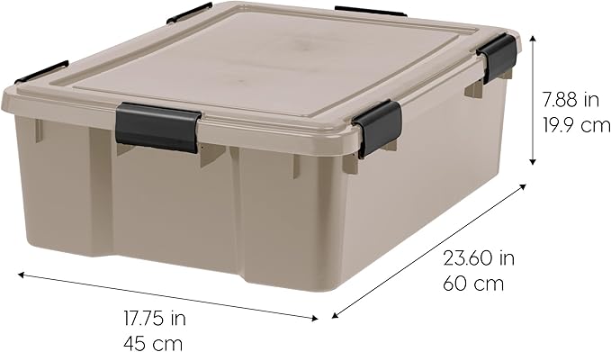 IRIS USA 4-Pack 41 Qt Storage Bins with Gasket Lids, Tan | WeatherPro seal helps protect bulky items for moving, garage, attic and basement storage