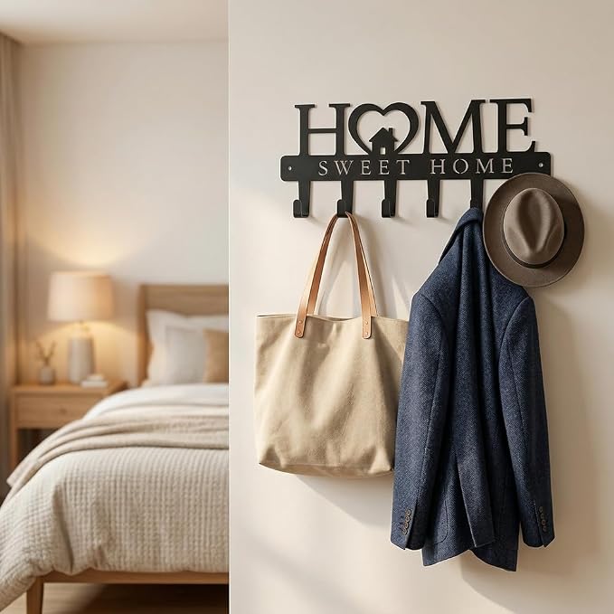 Wide-Spaced Home Sweet Home Key Holder Wall Mount, 6 Hook Rust-Proof Key Rack with House & Heart Decor, 13.5 Inch Entryway Organizer for Front Door, Kitchen, Pratical Family & Housewarming Gift