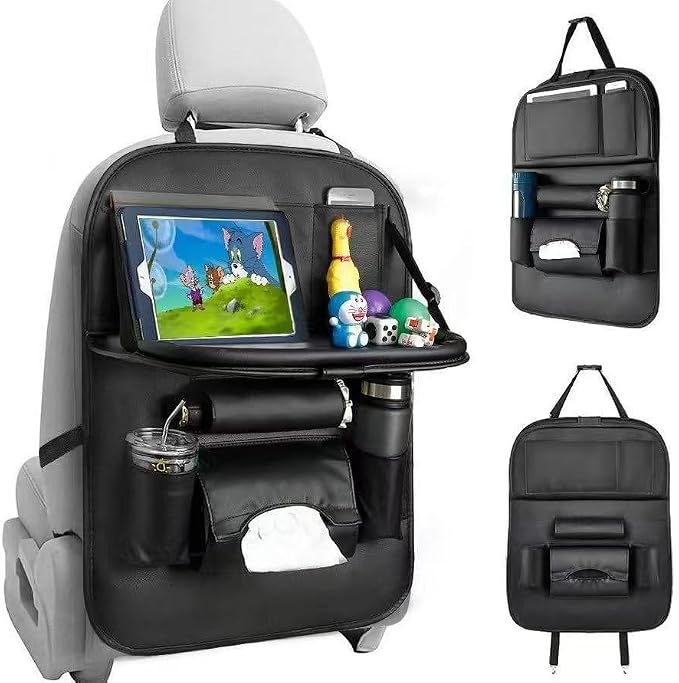 Premium PU Leather Backseat Seat Organizer with Foldable Table, Multi-Storage Pockets and Adjustable Buckle Strap for Automobiles
