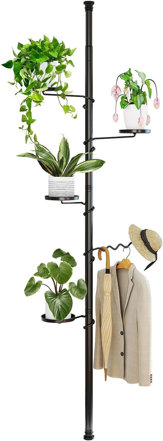 BAOYOUNI 5 Tier Plant Pole Stand Adjustable Tension Rod Flower Rack Black | Spring Loaded Flower Display Rack Storage Shelf Organizer for Indoor Plants, Closet, Kitchen, Bathroom - No Tools Required