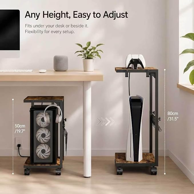 PC Stand with Charging Station, Height Adjustable Computer Tower Stand, 19.7"-31.5" H, Computer Cart with Wheels and Hooks, CPU Holder for Floor, Carpet and Under Desk, Rustic Brown