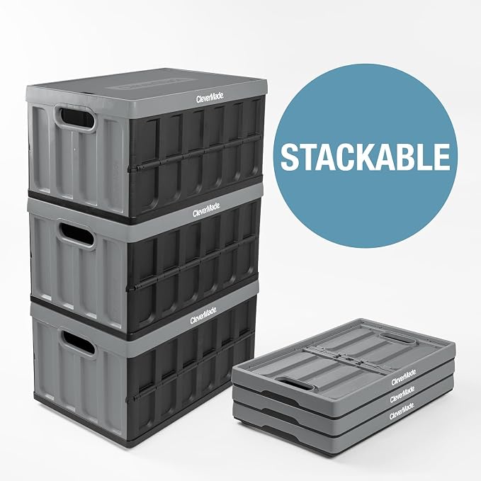 CleverMade Collapsible Storage Bins (with Lids), 62L, 3 Pack - Stone | Store Bigger Loads Under a Secure Lid | Each Bin Holds 100 lb, Stacks Neatly, and Folds to 2.5 Inches When Empty