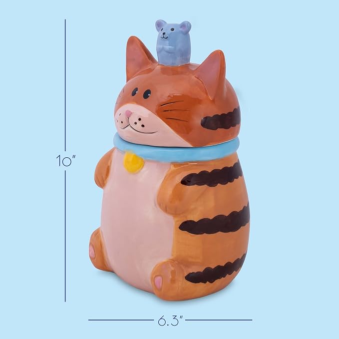 Dolomite Ceramic 10 x 6.3 Everyday Cookie & Candy Jar with Airtight Lid: Perfect for Kitchen Canisters, Pet Treat Containers & Decorative Storage, Orange Tabby Striped Cat and Mouse