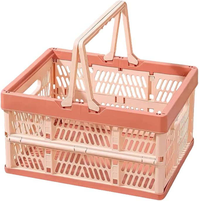 Collapsible Storage Crate with Handles, 20L Foldable Plastic Basket, Organizer Container (Light pink, M)