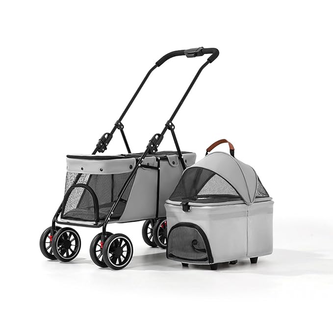 YYW Double Pet Stroller Foldable 2 Carriages Lockable Wheels Gray | Travel Strolling Cart, Top Detachable Carrier, Ideal for Multi-Pet Families, Small Dogs & Cats, Outdoor Walks & Vet Visit