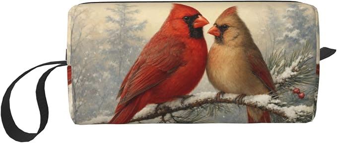 Cardinal Pair on Snowy Pine Makeup Bag for Women, Cosmetic Pouch | Double-Sided Winter Cardinal Cosmetic Organizer with Foam Padding for Women, Travel, Gym, School, and Daily Storage