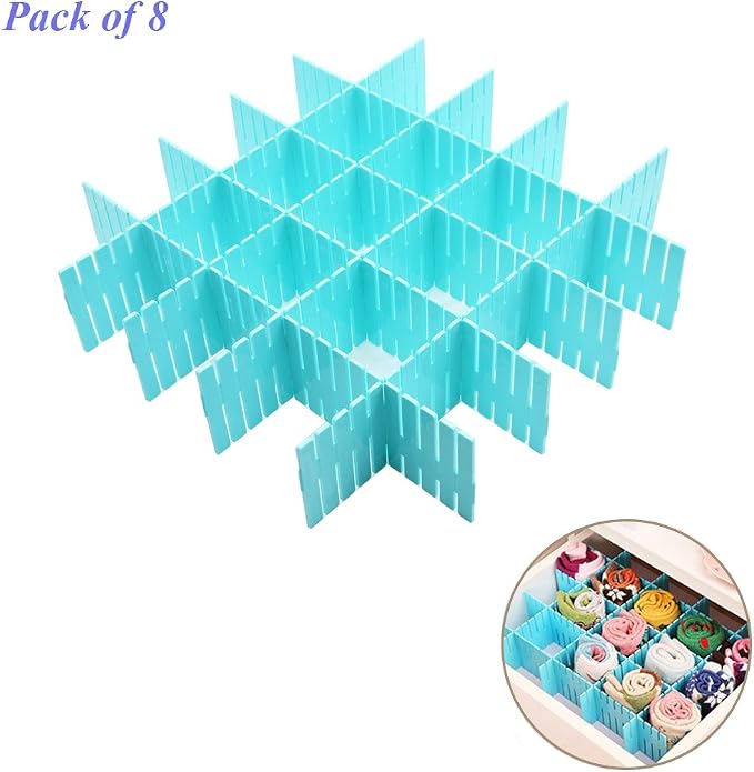 8pcs DIY Plastic Drawer Organizer Adjustable Drawer Dividers for Home Tidy Closet, Socks, Underwear, Office School Supplies, Kitchen Utensil Tools (Blue)