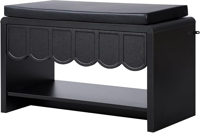 ORRD Shoe Storage Bench with Cushion, Shoe Rack Organizer Cabinet Bench with Wave Panel Drawer and Open Shelf for Entryway, Hallway, Living Room (Black)