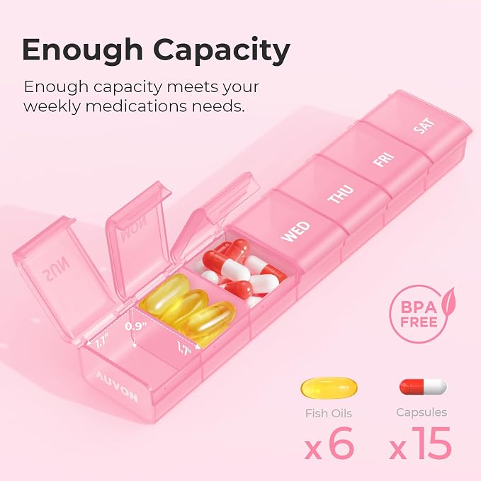 AUVON Weekly Pill Organizer with Effortless Opening Design, BPA-Free | Arthritis Friendly Pill Box, Cute Pill Organizer 7 Day, Portable Pill Case for Vitamins, Supplements and Medications, Pink