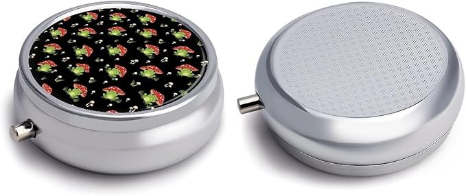 Pill Box with Mirror Cute Frogs Cartoon Mushroom Hats Round 3 Compartment, Metal Portable Pill Case for Purse Travel Supplements