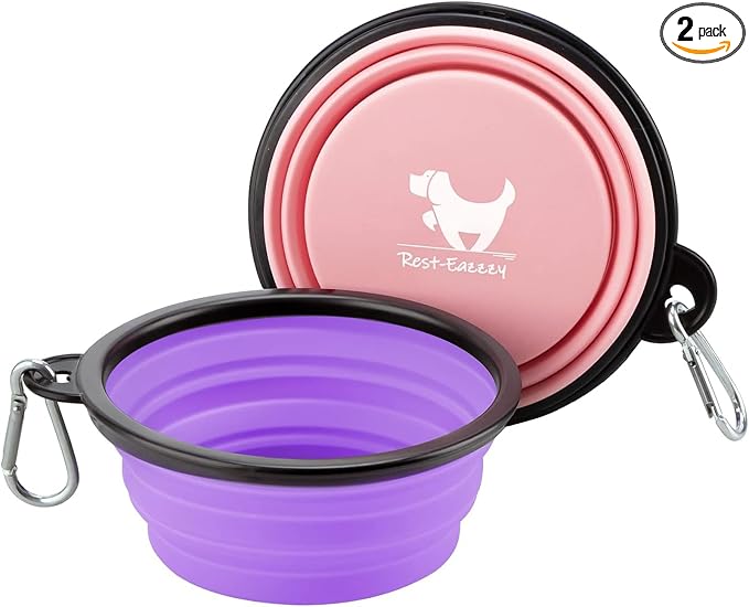 Rest-Eazzzy Collapsible Dog Bowls, 2 Pack Sturdy Portable Dog Water Bowls | Wear-Resistant TPE, Anti-Dust Foldable Travel Dog & Cat Bowls for Camping Walking Hiking with Carabiners