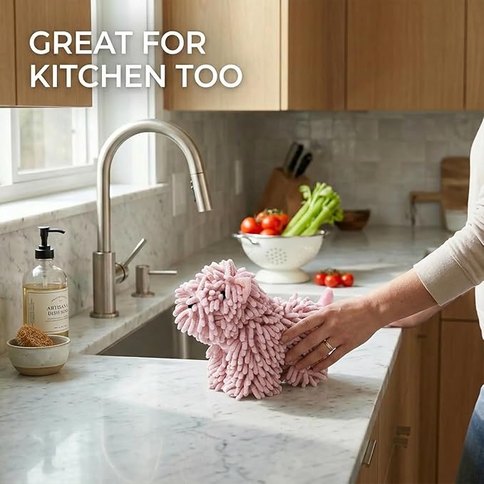 Cute Dog Chenille Hand Towel, 3D Puppy Hangable Fuzzy Ball Hand Towel Microfiber Super Soft Absorbent Bathroom & Kitchen Towels with Hanging Loop, Can Be Placed on the Sink Countertop (Pink+Pink)