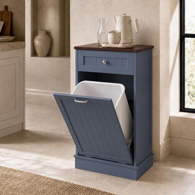 KIGOTY Tilt Out Trash Can Cabinet, Laundry Hamper Cabinet, Haze Blue