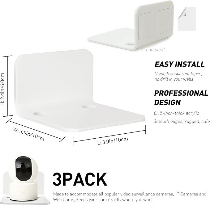OAPRIRE Small Floating Wall Shelf Set of 3, 4" White Acrylic for Monitors | Universal, with Cable Clips & Tapes, No Drill, Easy to Install, Durable, Fits Security Cameras, Baby Monitors, Speakers