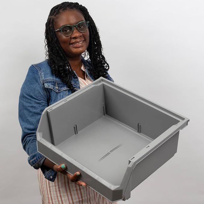 Extra Large Stackable Plastic Storage Bins, 4-Pack, White | Open-Front Stackable Bins For Garage, Pantry, Closet & Office, 14,8"L X 16,5"W X 7"H, Nests When Empty, Durable Plastic,