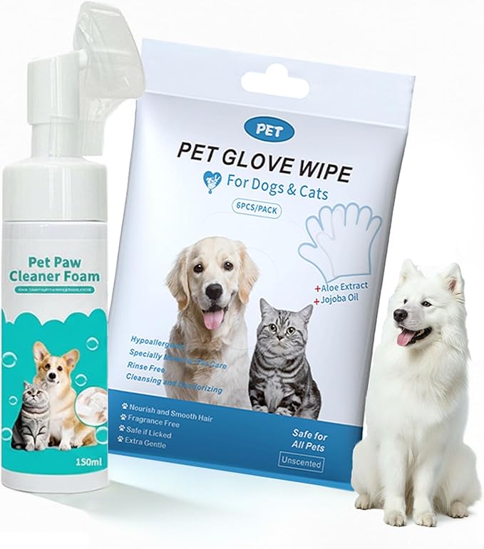 2-in-1 Pet Paw Cleaning Kit: No-Rinse Foam Cleaner & Pet Wipe Gloves, Foam Paw Scrubber for Dogs and Cats - Suitable for Small, Medium, Large Breeds, Puppies & Kittens with Dirty Paws