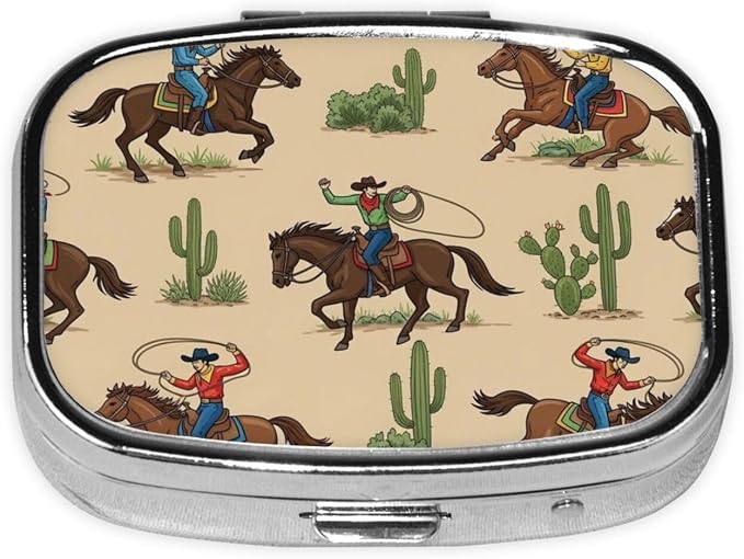 Western Desert Cowboy Riding Horses Pill Box 2 Compartment Medicine Pill Case Portable Pill Box for Pocket or Purse Pill Box