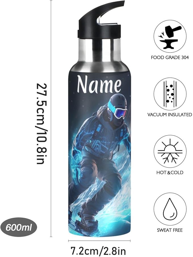 Custom Name Skier Ski Water Bottle with Straw Lid Kids Insulated Stainless Steel Water Flask Sports, 20 Oz Hot Cold