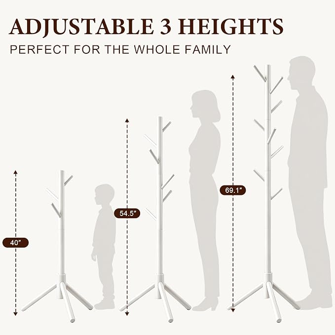 Wooden Coat Rack Freestanding | Coat rack with 8 Hooks & 3 Adjustable Sizes for Clothes, Space-Saving Design for Bedroom Office Entrance Holds Hats Coats