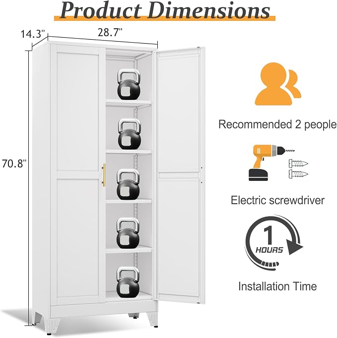 White Pantry Storage Cabinet, 71" Metal Kitchen Pantry Storage | Steel Storage Cabinets with Doors and 4 Adjustable Shelves, Metal Storage Cabinet, for Office, Home, Garage, School