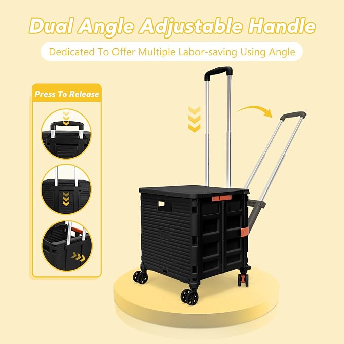 FELICON SELORSS Folding Utility Cart Portable Rolling Crate Handcart-Black | Adjustable Handle+Extended Magnetic Lid,Storage Basket Box,4 Swivel Wheels Tote for Teacher Move Shop Travel Grocery Office