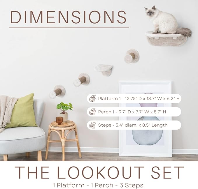 Trixie Wall Mounted Cat Lookout Set – Climbing Shelves with Sisal Steps & Plush Platforms – Wall-Mounted Cat Shelves for Scratching & Lounging – Light Gray-Greige, 12.75 x 18.75 x 6.25 in