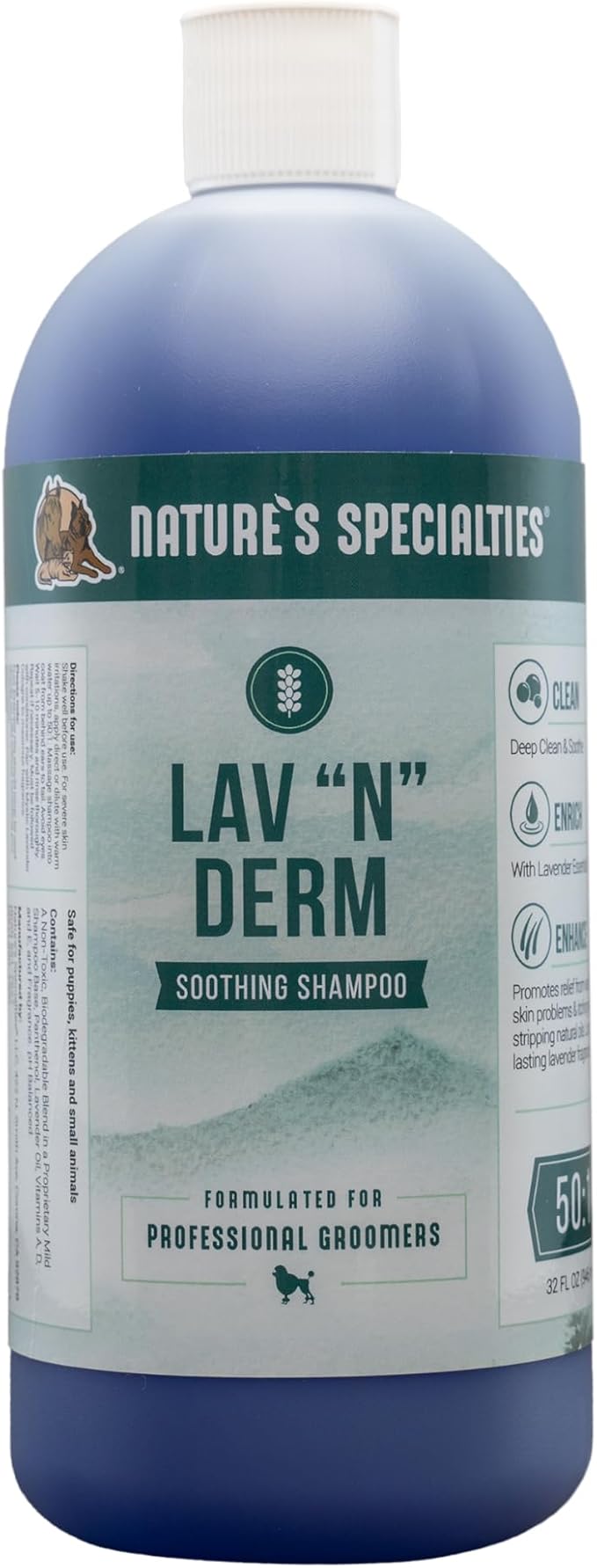 Nature's Specialties Lav-N-Derm Ultra Concentrated Calming Dog Shampoo for Pets, Makes up to 12.5 Gallons, Natural Choice for Professional Groomers, Relieves Various Skin Problems, Made in USA, 32 oz
