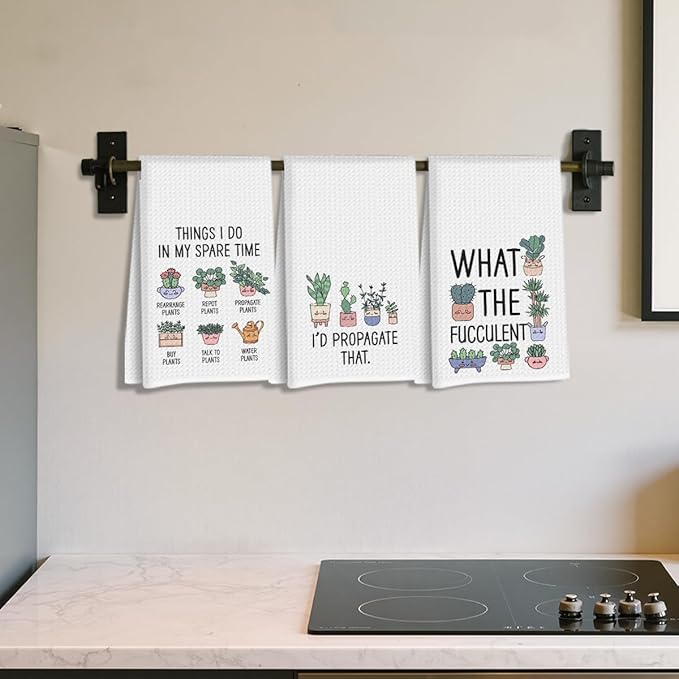 Hanamiya Na 3 Pcs Funny Kitchen Towels, Plant Lover Gifts for Women Mom, Succulent Cactus Plant Gifts Dish Towel, Leaves Waffle Weave Hand Tea Towels for Kitchen Home Farmhouse Decor-24x14 Inch