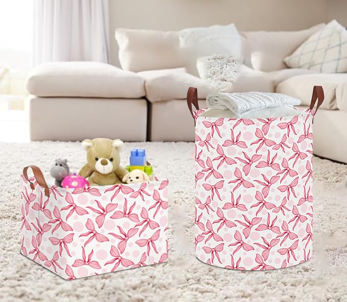 NTAOHAMPER Rectangular Storage Basket Empty,Toys Storage Bin with Handles,Baby Room Decor,Gift Basket,Book Box(Pink Bowknot)