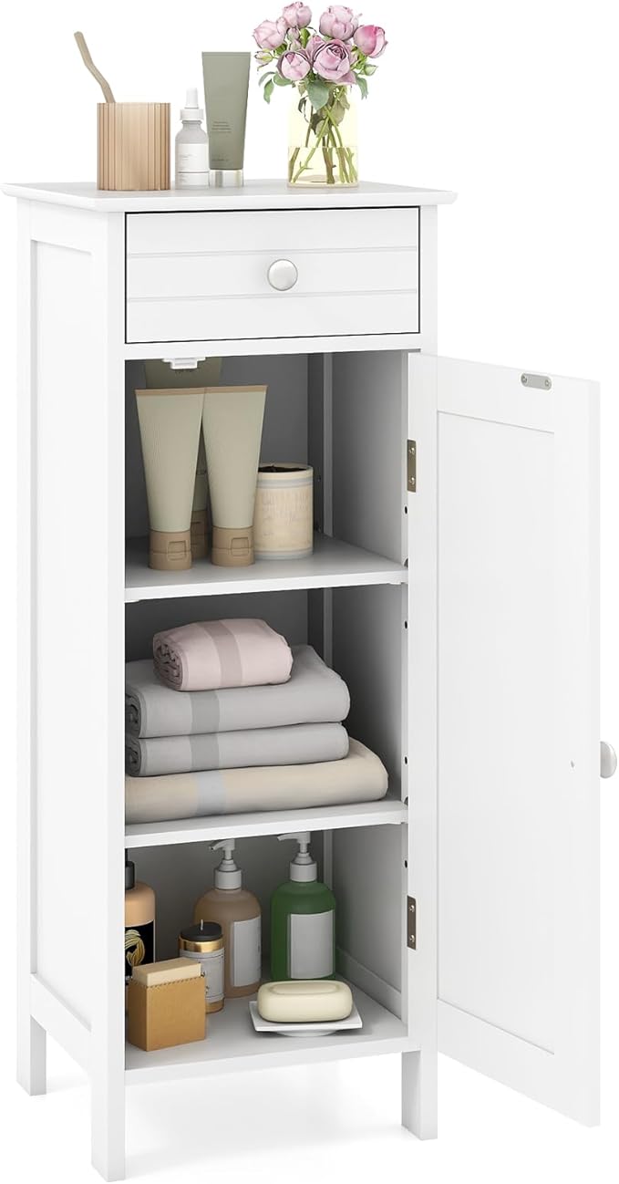 GLACER Floor Storage Cabinet, Bathroom Storage Cabinet (White) | 2 Adjustable Shelves | Ideal for Bathroom, Living Room | 14 x 12 x 34.5 inches