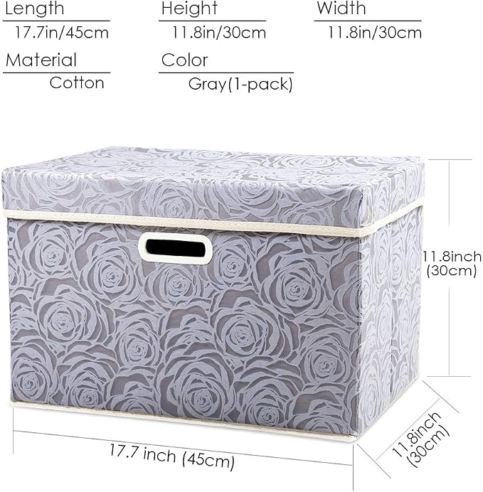 Larger Collapsible Storage Box with Lid [1-Pack] Fabric Decorative Storage Bin Cube Organizer Container Basket with Cover Handles for Bedroom Closet Living Room Gray 17.7x11.8x11.8 Inch