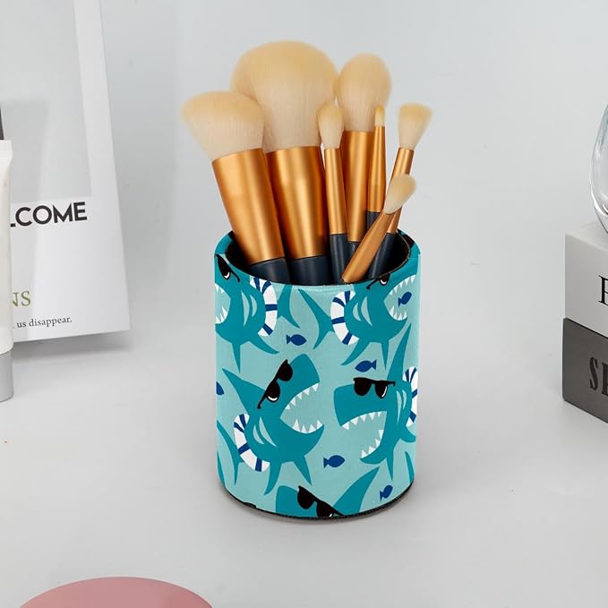 Desk Pencil Pen Holder, Cool Blue Shark with Black Sunglasses Pen Organizers for Desk Desktop Storage Stationery Supplies Cup Pot for Office School Home