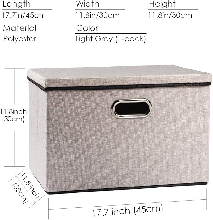 Large Foldable Storage Bin with Lid [1-Pack] Linen Fabric Decorative Storage Box Organizer Container Basket Cube with Handles Divider for Closet Office Living Room Light Grey(17.7x11.8x11.8)